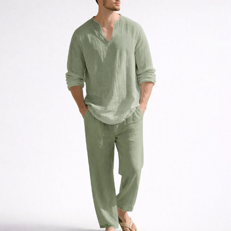 WISEMERE™ | Men's Linen Blend V-Neck Shirt Trousers Set