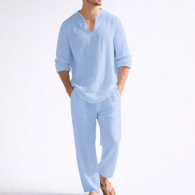 WISEMERE™ | Men's Linen Blend V-Neck Shirt Trousers Set