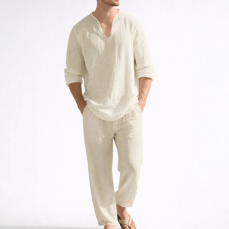 WISEMERE™ | Men's Linen Blend V-Neck Shirt Trousers Set