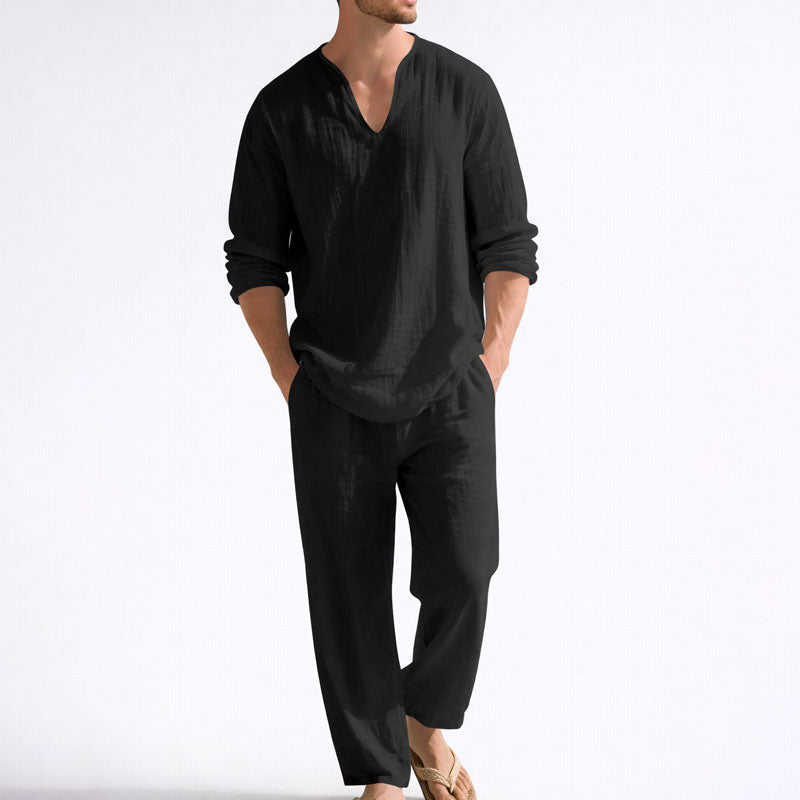 WISEMERE™ | Men's Linen Blend V-Neck Shirt Trousers Set