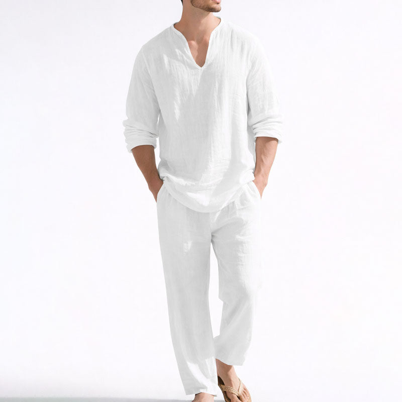 WISEMERE™ | Men's Linen Blend V-Neck Shirt Trousers Set