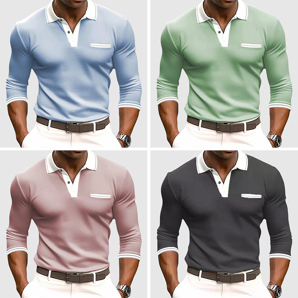 WISEMERE™ | Men's Contrast-Trim Long-Sleeve Polo Shirt
