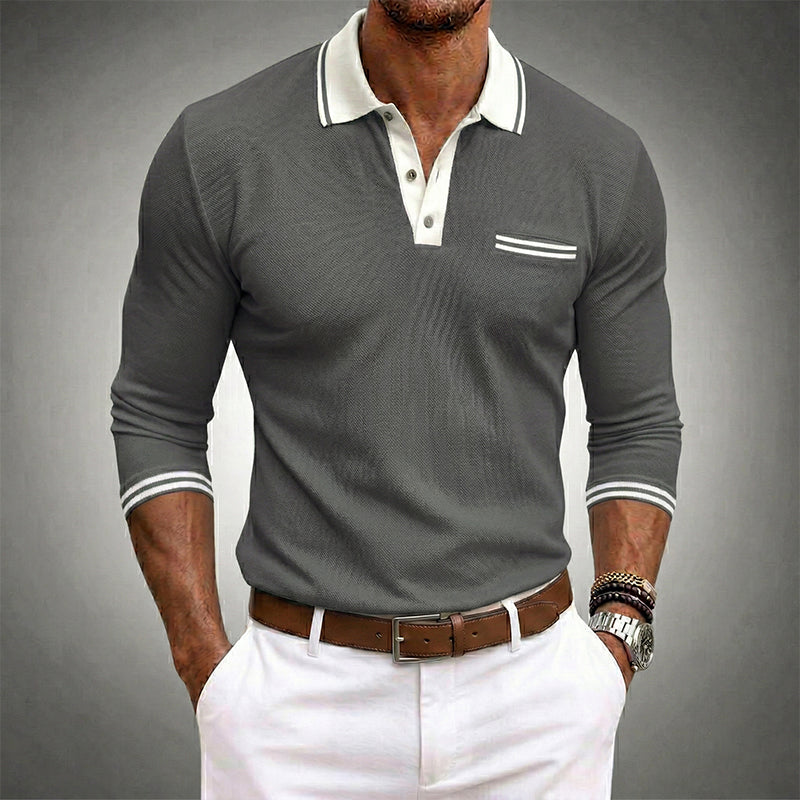WISEMERE™ | Men's Contrast-Trim Long-Sleeve Polo Shirt