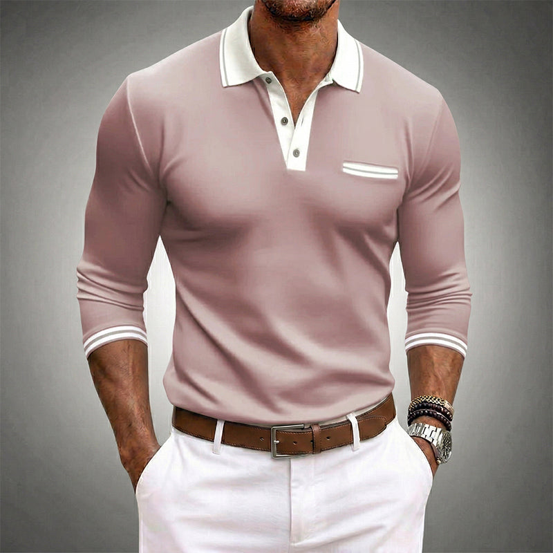 WISEMERE™ | Men's Contrast-Trim Long-Sleeve Polo Shirt