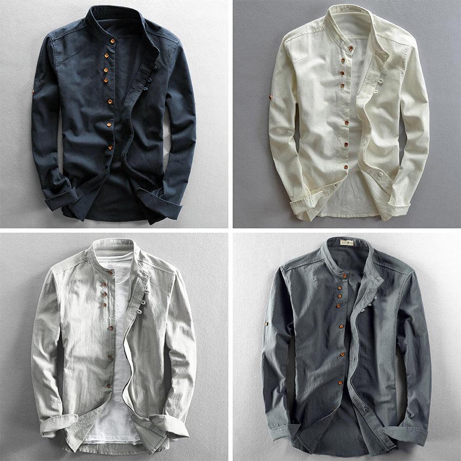 WISEMERE™ | Men's Mandarin Collar Cotton-Linen Shirt