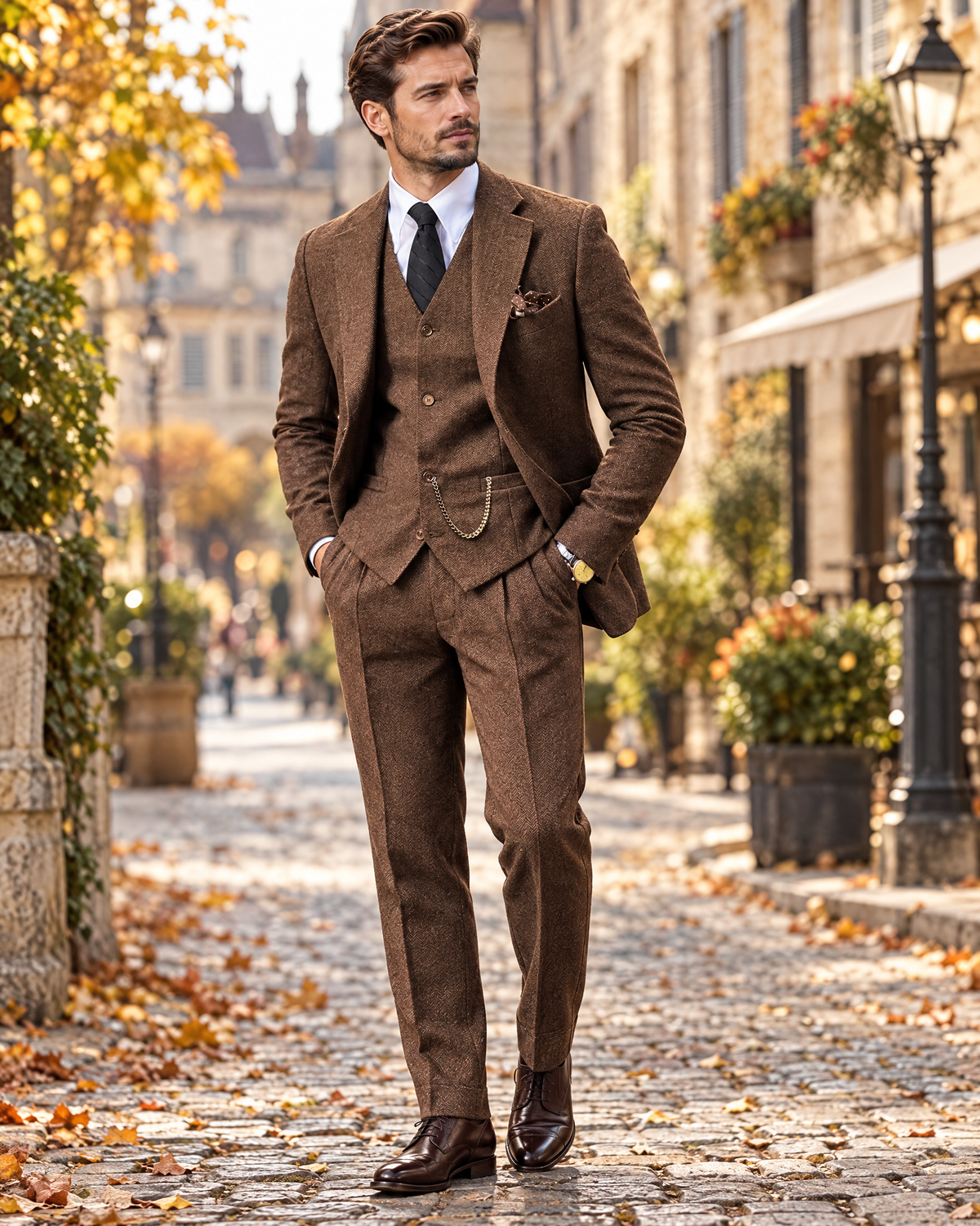 Herringbone three-piece suit Brown