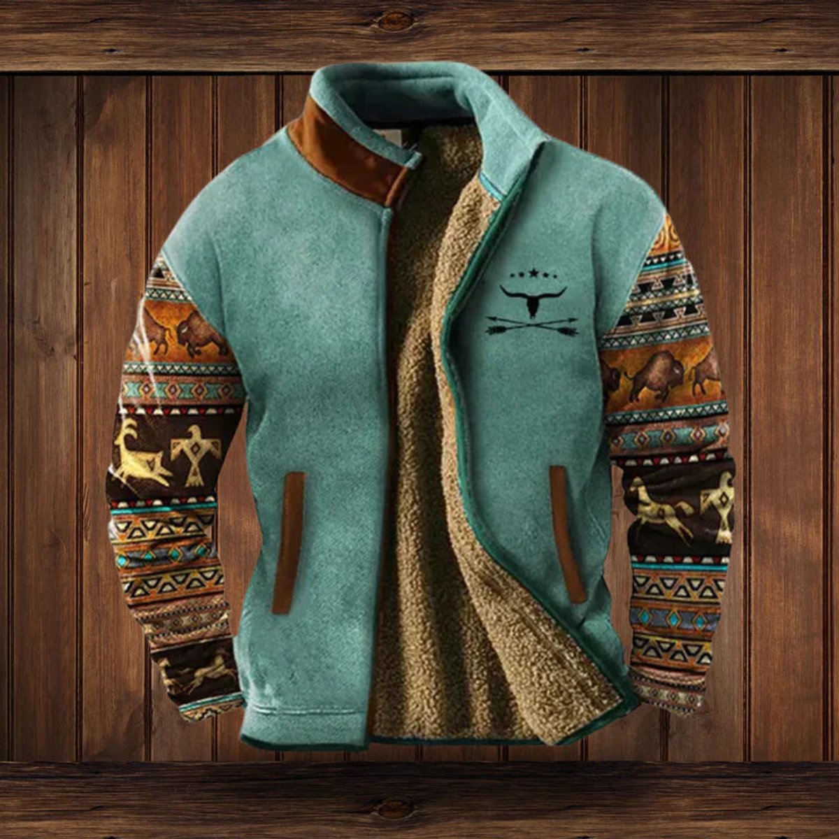 WISEMERE™ | Sherpa-Lined Aztec Print Full-Zip Fleece Cardigan Jacket