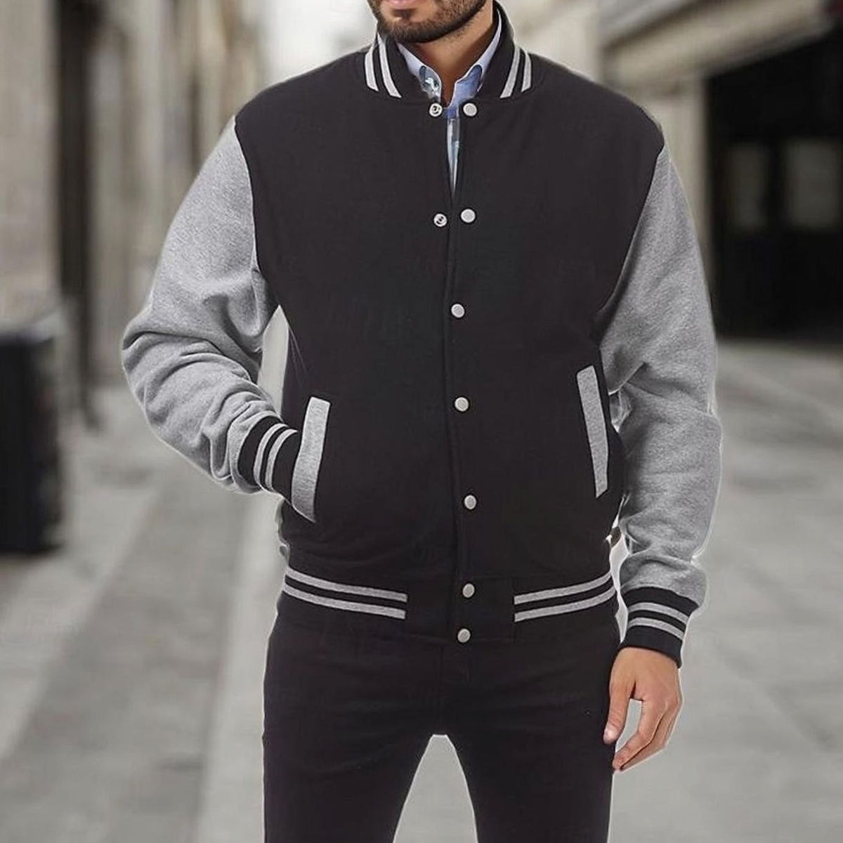 WISEMERE™ | Classic Varsity Bomber Jacket with Ribbed Trim and Snap Buttons