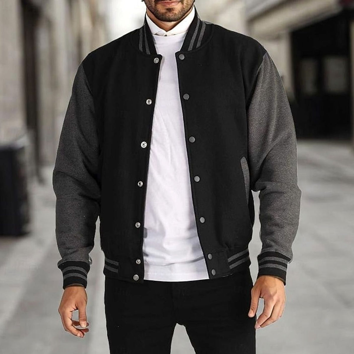 WISEMERE™ | Classic Varsity Bomber Jacket with Ribbed Trim and Snap Buttons