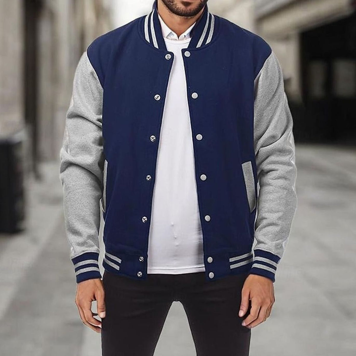 WISEMERE™ | Classic Varsity Bomber Jacket with Ribbed Trim and Snap Buttons