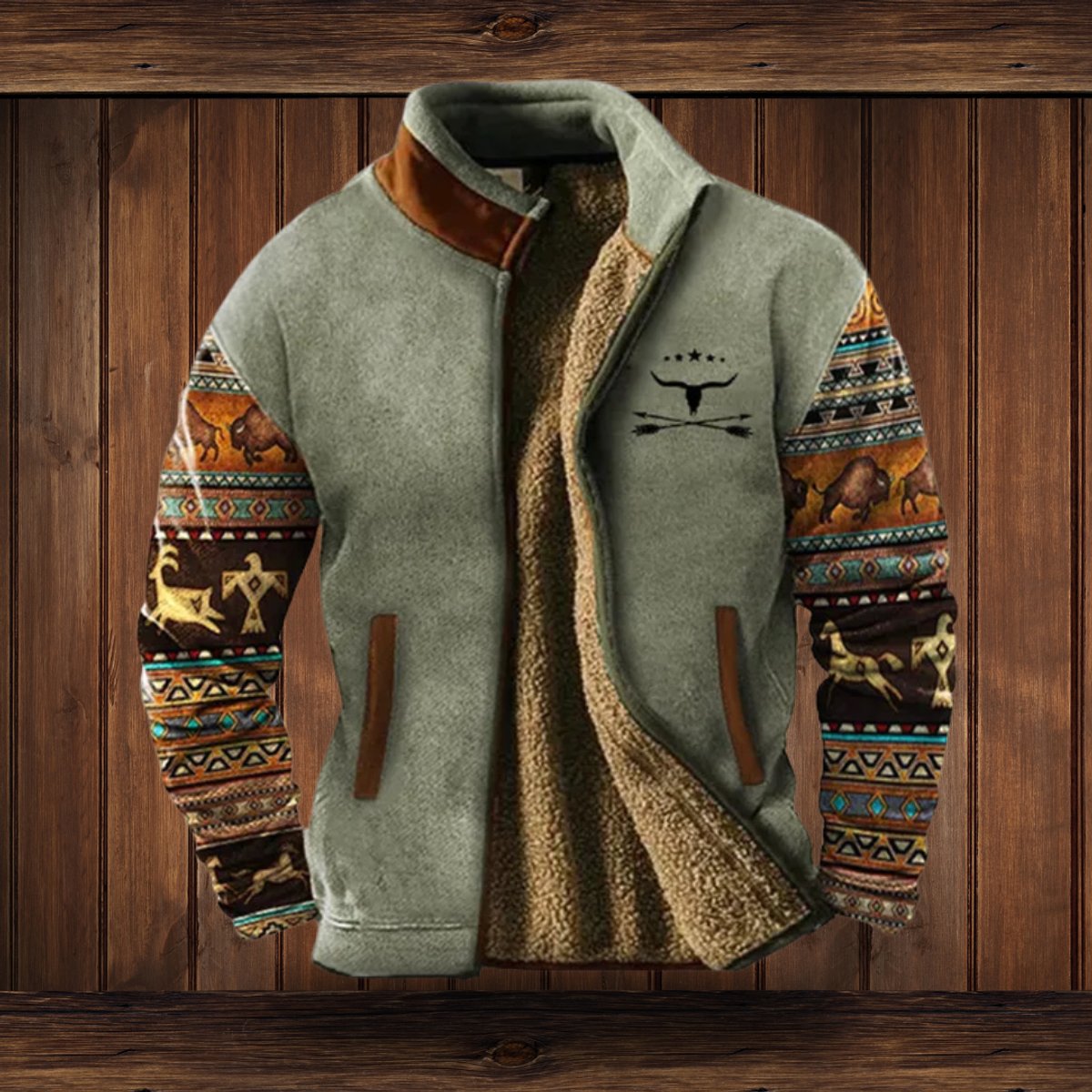 WISEMERE™ | Sherpa-Lined Full-Zip Jacket with Southwestern Print Sleeves