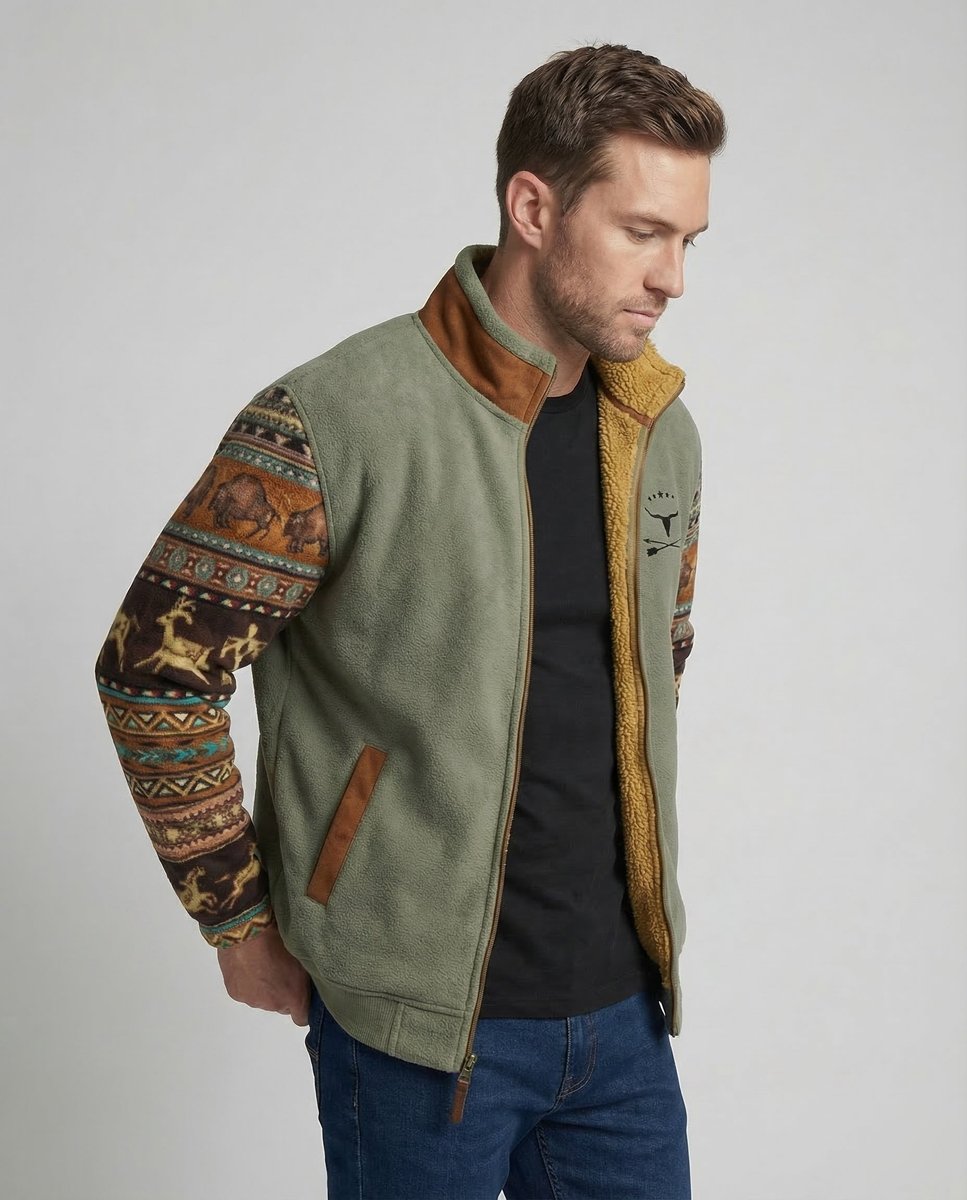 WISEMERE™ | Sherpa-Lined Full-Zip Jacket with Southwestern Print Sleeves