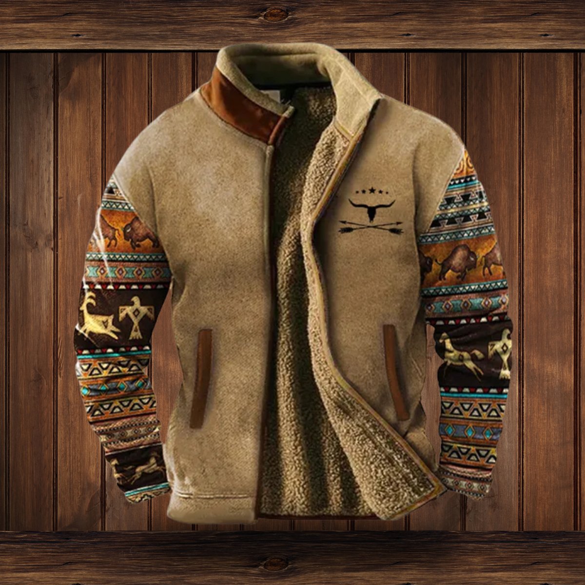 WISEMERE™ | Sherpa-Lined Full-Zip Jacket with Southwestern Print Sleeves