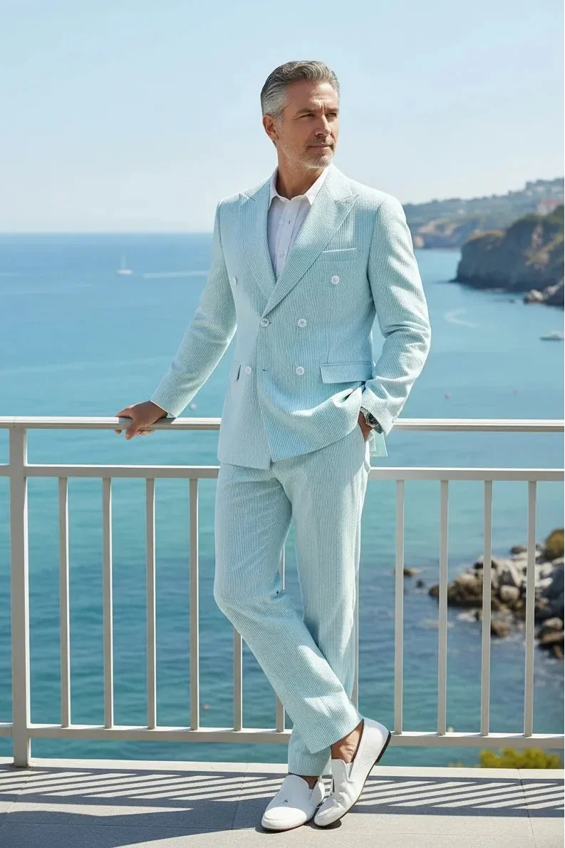WISEMERE™ | Men's Summer Double-Breasted Seersucker Two-Piece Suit