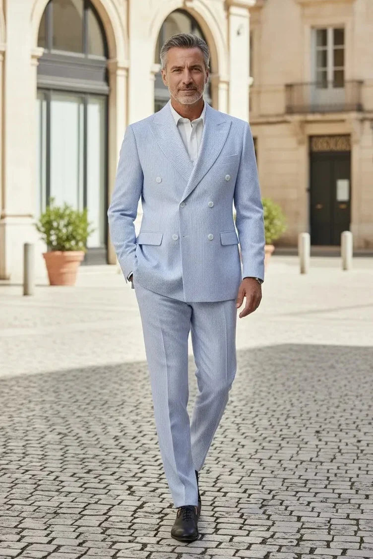 WISEMERE™ | Men's Summer Double-Breasted Seersucker Two-Piece Suit