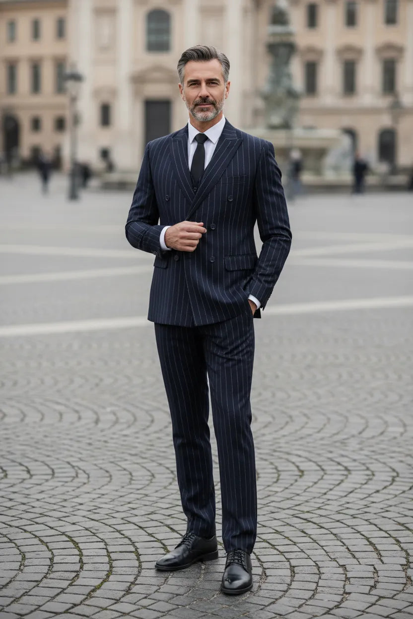 WISEMERE™ | Men's Classic Pinstripe Double-Breasted 3-Piece Suit